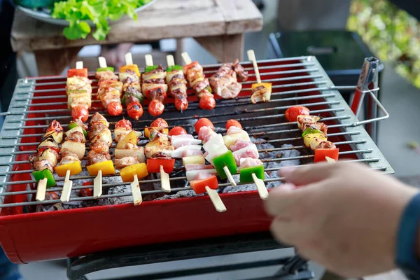 Close up barbecue grill with various kinds of meat.