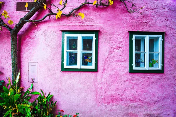 Maisons Typiquement Alpines Autrichiennes Arbre Automne Contre Mur Rose Situation — Photo