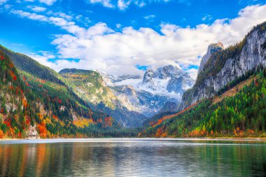 Güzel manzara pastoral renkli sonbahar sahne Dachstein Dağ Zirvesi Gosausee dağ gölü tarafından düşmek Salzkammergut bölge Yukarı Avusturya Avusturya