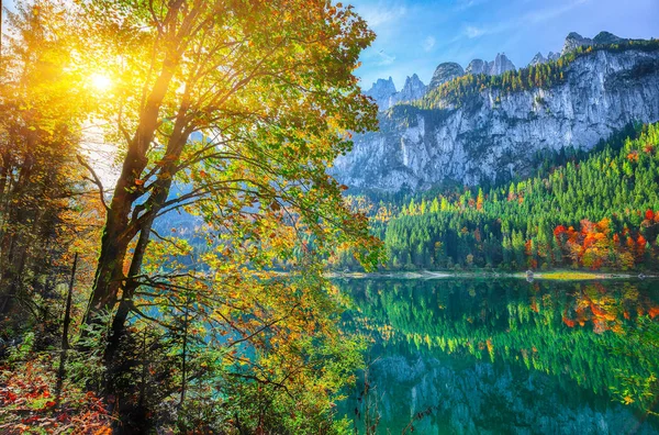 Bela Vista Paisagem Outono Colorido Idílico Com Dachstein Cume Montanha — Fotografia de Stock