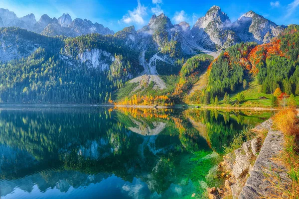 Bela Vista Paisagem Outono Colorido Idílico Com Dachstein Montanha Cume — Fotografia de Stock