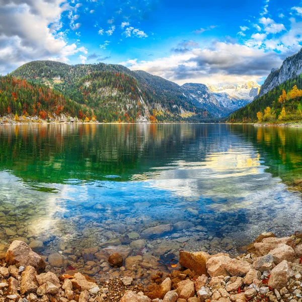 Bela Vista Paisagem Outono Colorido Idílico Com Dachstein Montanha Cume — Fotografia de Stock