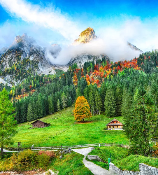 Beautiful View Idyllic Colorful Autumn Scenery Dachstein Mountain Summit Gosausee — Stock Photo, Image