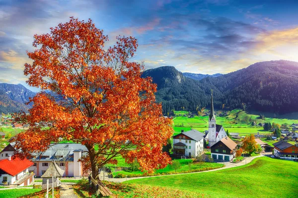 Alpine Green Fields Traditional Wooden Houses View Gosau Village Autumn — Stock Photo, Image