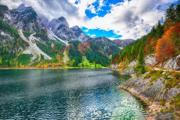 Beautiful View Idyllic Colorful Autumn Scenery Dachstein Mountain Summit Gosausee — Stock Photo, Image