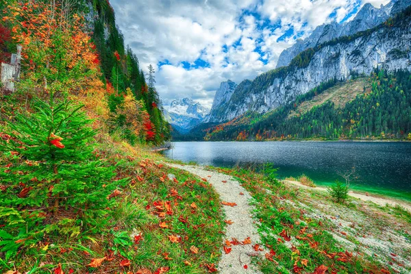 Bela Vista Paisagem Outono Colorido Idílico Com Dachstein Montanha Cume — Fotografia de Stock