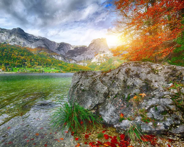 Idyllic Autumn Scene Grundlsee Lake Location Resort Grundlsee Liezen District — Stock Photo, Image