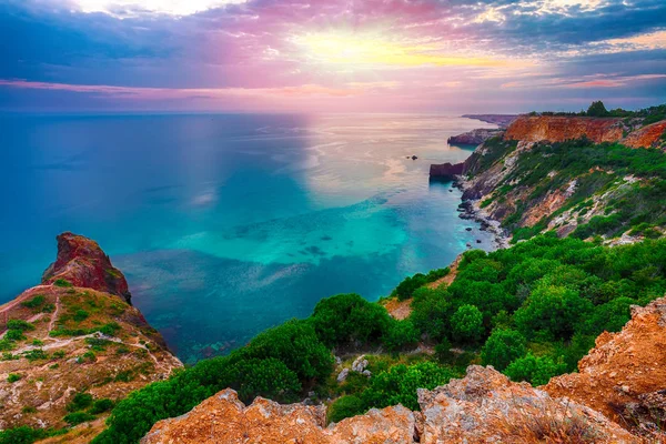 Dramatic Sunset Cape Fiolent Bushes Grass Rocks Foreground Crimea — Stock Photo, Image