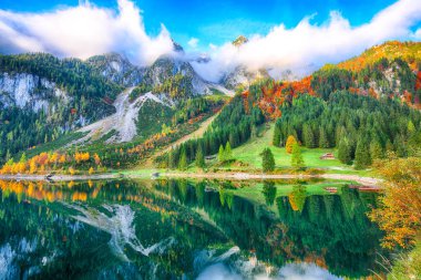 Güzel manzara pastoral renkli sonbahar sahne Dachstein Dağ Zirvesi Gosausee dağ gölü tarafından düşmek Salzkammergut bölge Yukarı Avusturya Avusturya