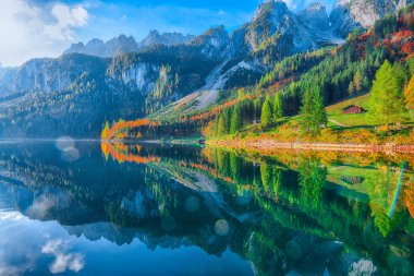 Güzel manzara pastoral renkli sonbahar sahne Dachstein Dağ Zirvesi Gosausee dağ gölü tarafından düşmek Salzkammergut bölge Yukarı Avusturya Avusturya