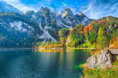 Güzel manzara pastoral renkli sonbahar sahne ile kristal berraklığında Gosausee dağ Gölü, sonbaharda yansıtan Dachstein Dağ Zirvesi. Salzkammergut bölge Upper Austria