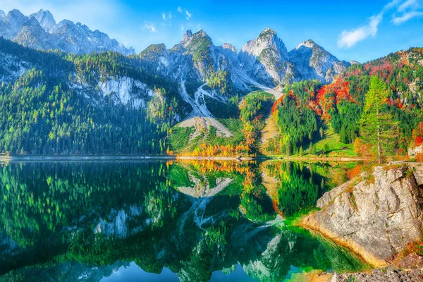 Güzel manzara pastoral renkli sonbahar sahne Dachstein Dağ Zirvesi Gosausee dağ gölü tarafından düşmek Salzkammergut bölge Yukarı Avusturya Avusturya