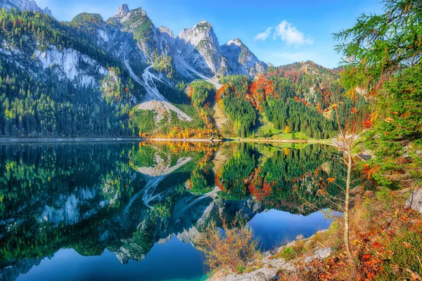 Schöne Aussicht Auf Idyllische Bunte Herbstkulisse Mit Dachsteingipfel Gosausee Herbst — Stockfoto