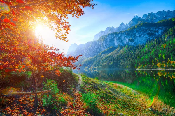 Bela Vista Paisagem Outono Colorido Idílico Com Dachstein Cume Montanha — Fotografia de Stock