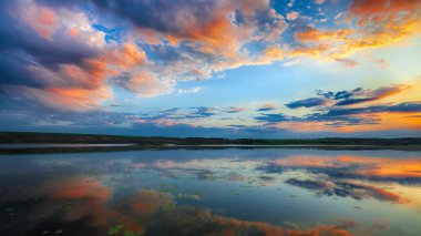 Göl üzerinde dramatik gün batımı. Nilüferler göl kenarında. Göl kenarında gökyüzü ve bulutlar yansıma