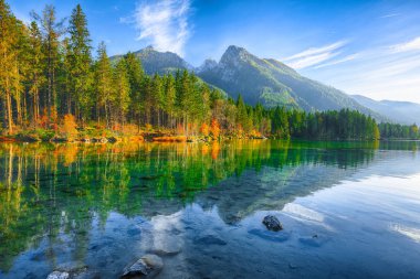 Hintersee Gölü'nün muhteşem sonbahar günbatımı. Turkuaz su Hintersee Gölü'nün yakınında ağaçlar güzel sahne. Yer: resort Ramsau, Milli Parkı Berchtesgadener arazi, Upper Bavaria, Almanya Alps, Avrupa