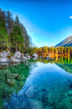 Hintersee Gölü'nün muhteşem sonbahar günbatımı. Turkuaz su Hintersee Gölü'nün yakınında ağaçlar güzel sahne. Yer: resort Ramsau, Milli Parkı Berchtesgadener arazi, Upper Bavaria, Almanya Alps, Avrupa