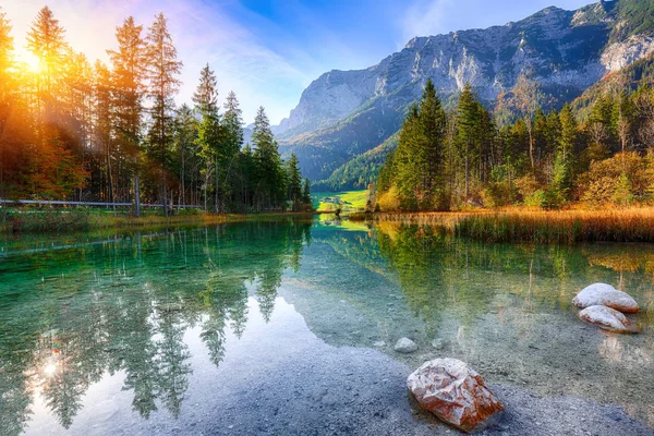 Hintersee Gölü'nün muhteşem sonbahar günbatımı. Turkuaz su Hintersee Gölü'nün yakınında ağaçlar güzel sahne. Yer: resort Ramsau, Milli Parkı Berchtesgadener arazi, Upper Bavaria, Almanya Alps, Avrupa