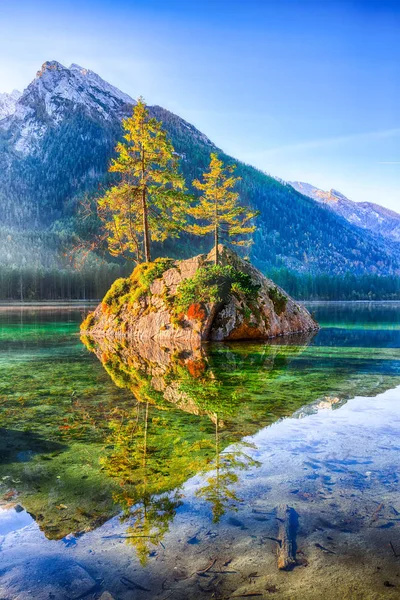 Hintersee Gölü'nün muhteşem sonbahar gündoğumu. Bir rock Island ağaçta güzel sahne. Yer: resort Ramsau, Milli Parkı Berchtesgadener arazi, Upper Bavaria, Almanya Alps, Avrupa