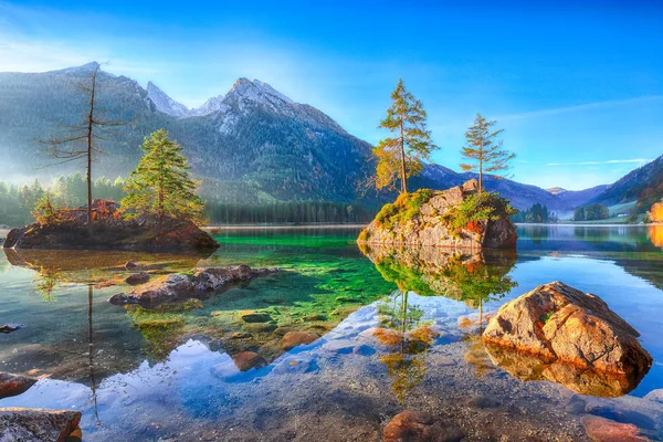 Fantastic Autumn Sunrise Hintersee Lake Beautiful Scene Trees Rock Island — Stock Photo, Image