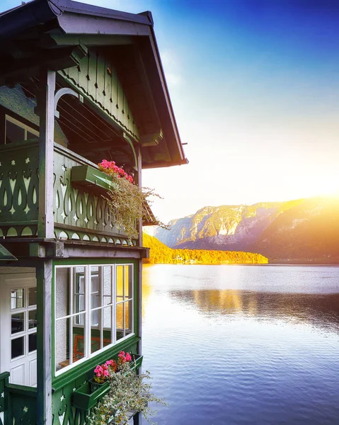 Wooden House Coast Lake Hallstatt Village Austrian Alps Location Resort — Stock Photo, Image