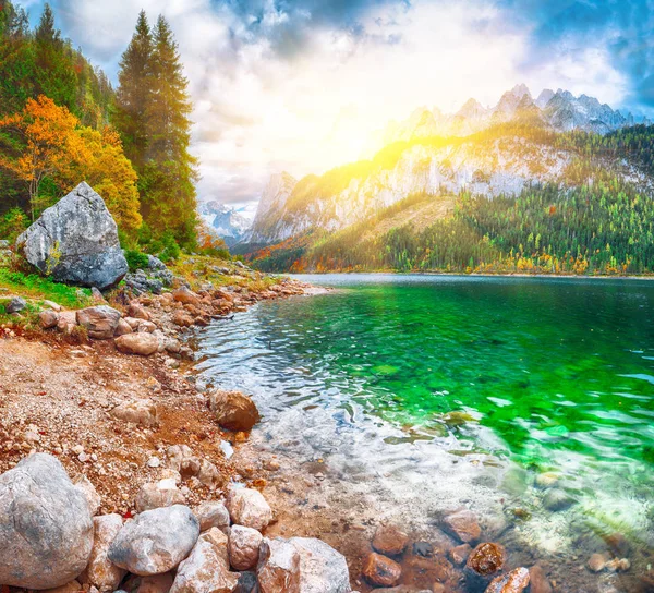 Schöne Aussicht Auf Idyllische Bunte Herbstkulisse Mit Dachsteingipfel Gosausee Herbst — Stockfoto