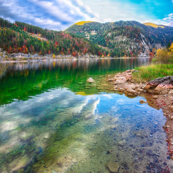 Bela Vista Paisagem Outono Colorido Idílico Com Dachstein Montanha Cume — Fotografia de Stock