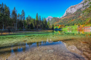 Hintersee Gölü'nün muhteşem sonbahar gündoğumu. Turkuaz su Hintersee Gölü'nün yakınında ağaçlar güzel sahne. Yer: resort Ramsau, Milli Parkı Berchtesgadener arazi, Upper Bavaria, Almanya Alps, Avrupa