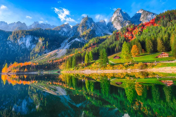 Beautiful view of idyllic colorful autumn scenery with Dachstein mountain summit reflecting in crystal clear Gosausee mountain lake in fall. Salzkammergut region Upper Austria