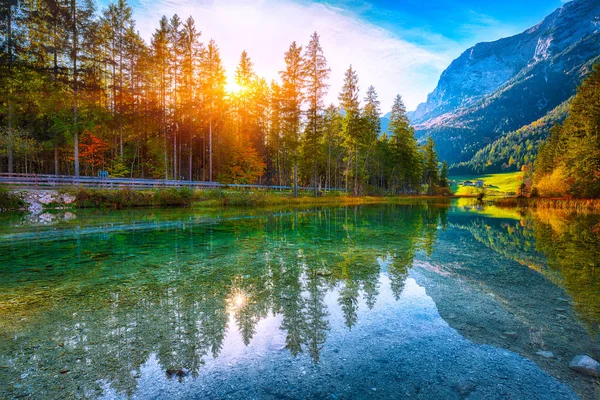 Fantastic Autumn Sunset Hintersee Lake Beautiful Scene Trees Turquoise Water — Stock Photo, Image