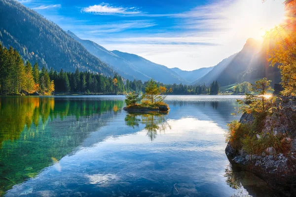 Hintersee 湖の幻想的な秋の夕日 Hintersee 湖の青緑色の水の近くの木の美しいシーン リゾート国立公園ベルヒテス ラムサウ上部のババリア ドイツ アルプス ヨーロッパ — ストック写真