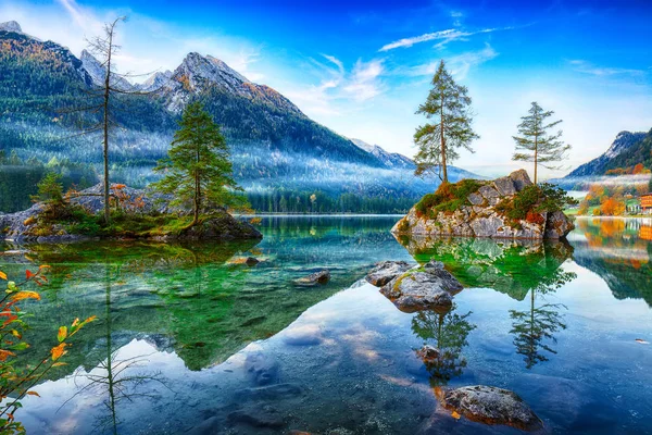 호수의 환상적인가 일출입니다 나무의 장면입니다 리조트 Berchtesgadener 바바리아 알프스 — 스톡 사진