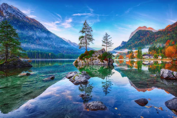 Fantastic Autumn Sunrise Hintersee Lake Beautiful Scene Trees Rock Island — Stock Photo, Image