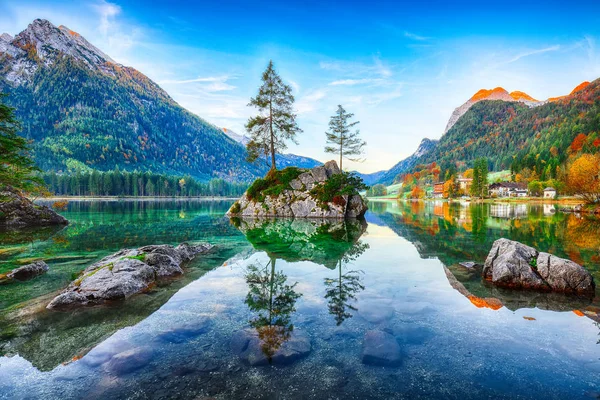 Hintersee Gölü'nün muhteşem sonbahar gündoğumu. Bir rock Island ağaçta güzel sahne. Yer: resort Ramsau, Milli Parkı Berchtesgadener arazi, Upper Bavaria, Almanya Alps, Avrupa