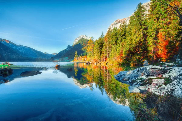 Traumhaft Sonniger Herbsttag Hintersee Schöne Szene Der Spiegelung Wasser Des — Stockfoto