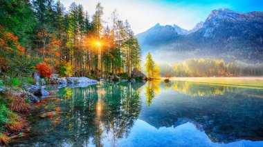 Hintersee Gölü'nün muhteşem sonbahar gündoğumu. Turkuaz su Hintersee Gölü'nün yakınında ağaçlar güzel sahne. Yer: resort Ramsau, Milli Parkı Berchtesgadener arazi, Upper Bavaria, Almanya Alps, Avrupa
