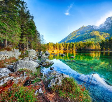 Hintersee Gölü'nün muhteşem sonbahar günbatımı. Turkuaz su Hintersee Gölü'nün yakınında ağaçlar güzel sahne. Yer: resort Ramsau, Milli Parkı Berchtesgadener arazi, Upper Bavaria, Almanya Alps, Avrupa