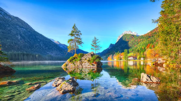 Fantastic Autumn Sunrise Hintersee Lake Beautiful Scene Trees Rock Island — Stock Photo, Image