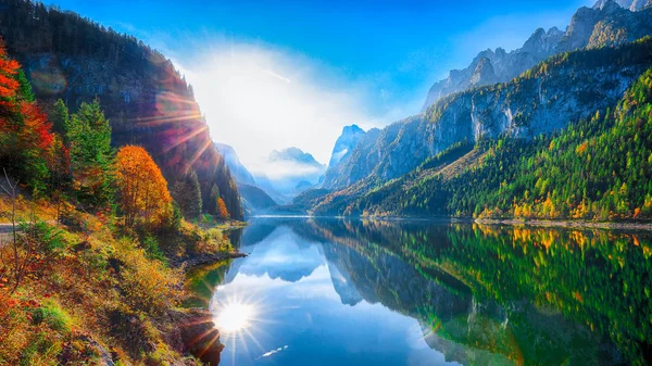 Φανταστική Ανατολή Φθινόπωρο Στη Λίμνη Hintersee Όμορφη Σκηνή Των Δέντρων — Φωτογραφία Αρχείου