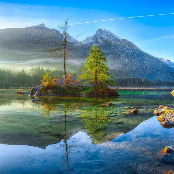 Fantastisch Herfst Zonsopgang Van Hintersee Meer Mooie Scène Van Bomen — Stockfoto