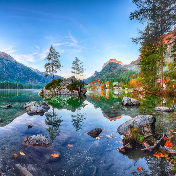 Fantastic Autumn Sunrise Hintersee Lake Beautiful Scene Trees Rock Island — Stock Photo, Image