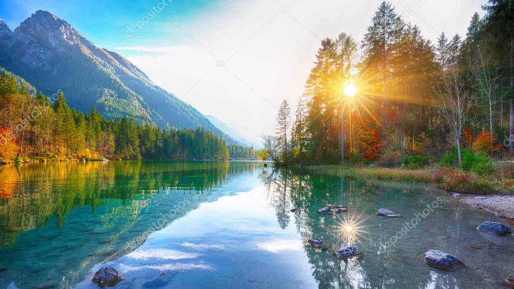 Fantastic autumn sunset of Hintersee lake. Beautiful scene of trees near turquoise water of Hintersee lake. Location: resort Ramsau, National park Berchtesgadener Land, Upper Bavaria, Germany Alps, Europe