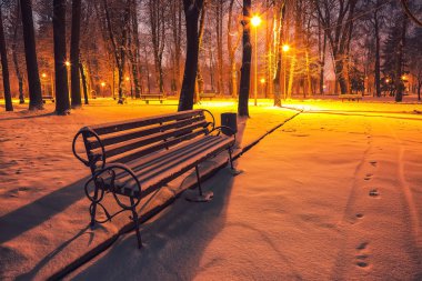 Winter park banklar ile akşam karla kaplı. Kış akşam central Park'ta.
