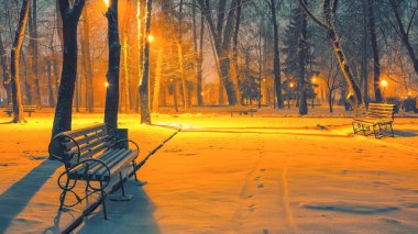 Winter park banklar ile akşam karla kaplı. Kış akşam central Park'ta.