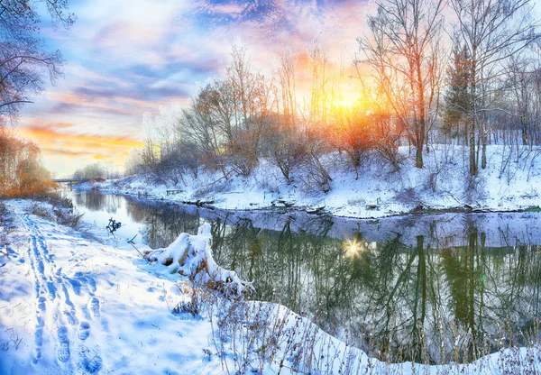 Зимовий Пейзаж Біля Річки Заході Сонця Відбиття Дзеркала — стокове фото