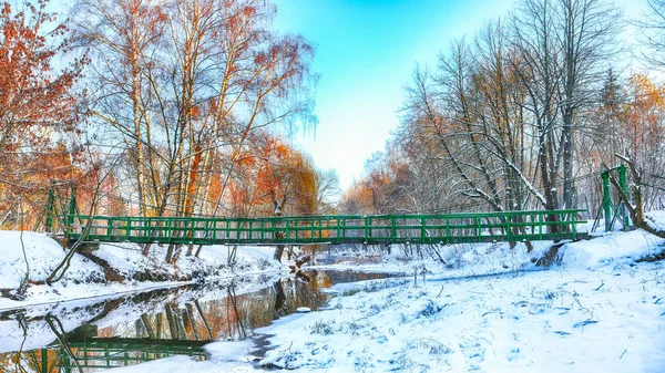 Frostige Bäume Winter Und Eine Alte Verschneite Brücke Winterpark Winter — Stockfoto