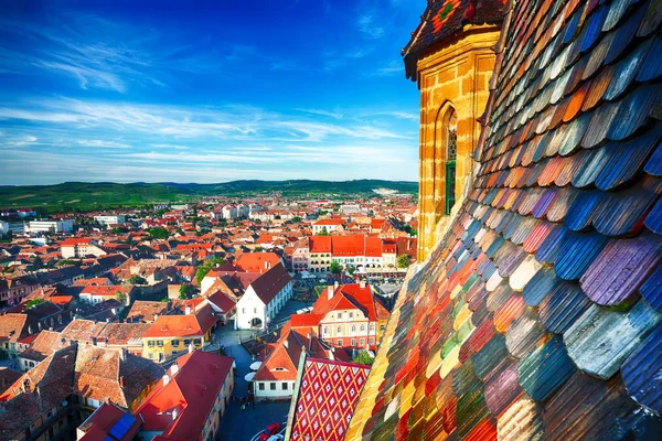 Nézd Meg Bell Tower Mary Katedrális Sibiu Városban Óváros Légi — Stock Fotó