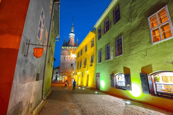 Espléndida Vista Nocturna Ciudad Medieval Vista Nocturna Histórica Ciudad Sighisoara — Foto de Stock