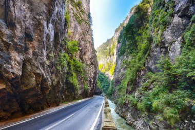 Muhteşem yaz görünümünü Bicaz Kanyon/Cheile Bicazului. Kanyon Romanya'da en muhteşem yollar biridir. Etkileyici sahne Neamt County, Romanya, Karpat Dağları, Avrupa