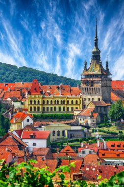 Cityscape mimari Sighisoara yedekte üzerinden panoramik görünüm
